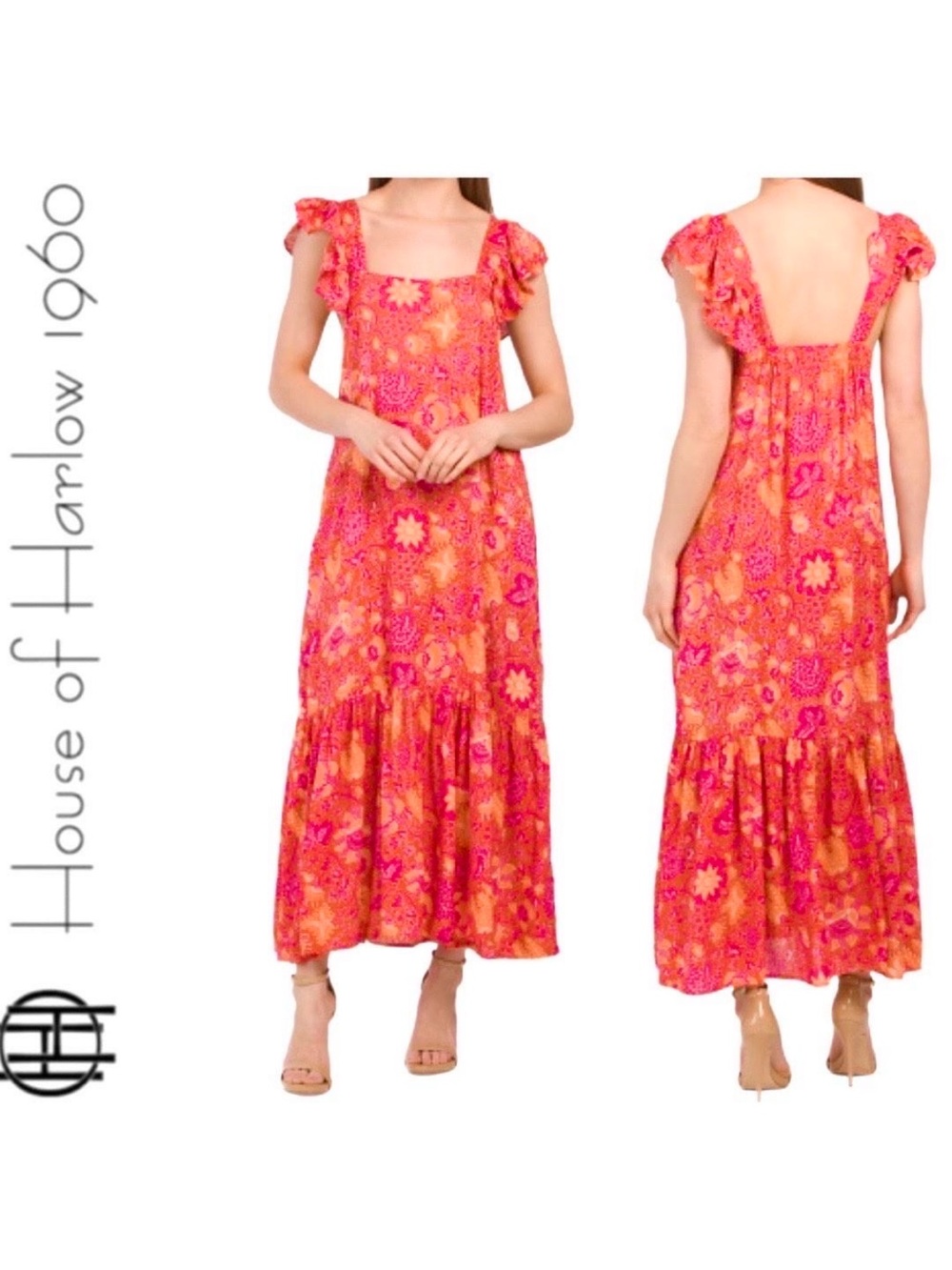 NWT House of Harlow 1960 Pink & Orange Tiered Maxi Dress